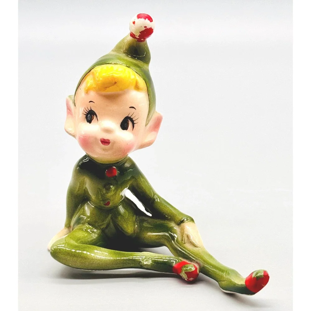 Tumbling Pixie Elf Figurine Sitting Japan Vintage 1950s Christmas Decor Ceramic